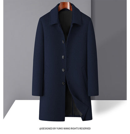 High-quality men's fashionable, stylish and versatile solid-color casual long woolen overcoat, wool woolen overcoat