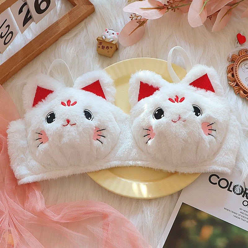 Um Lindo Sutiã de Inverno de Pelúcia Estilo Japonês com Um Coelho e Um Urso, Sem Aro