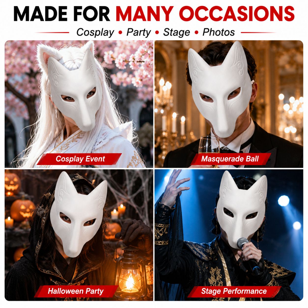 DIY White Fox Mask Paintable Kitsune Cosplay Half Face Mask, Blank Anime Fox Mask for Halloween Party Masquerade Stage Prop