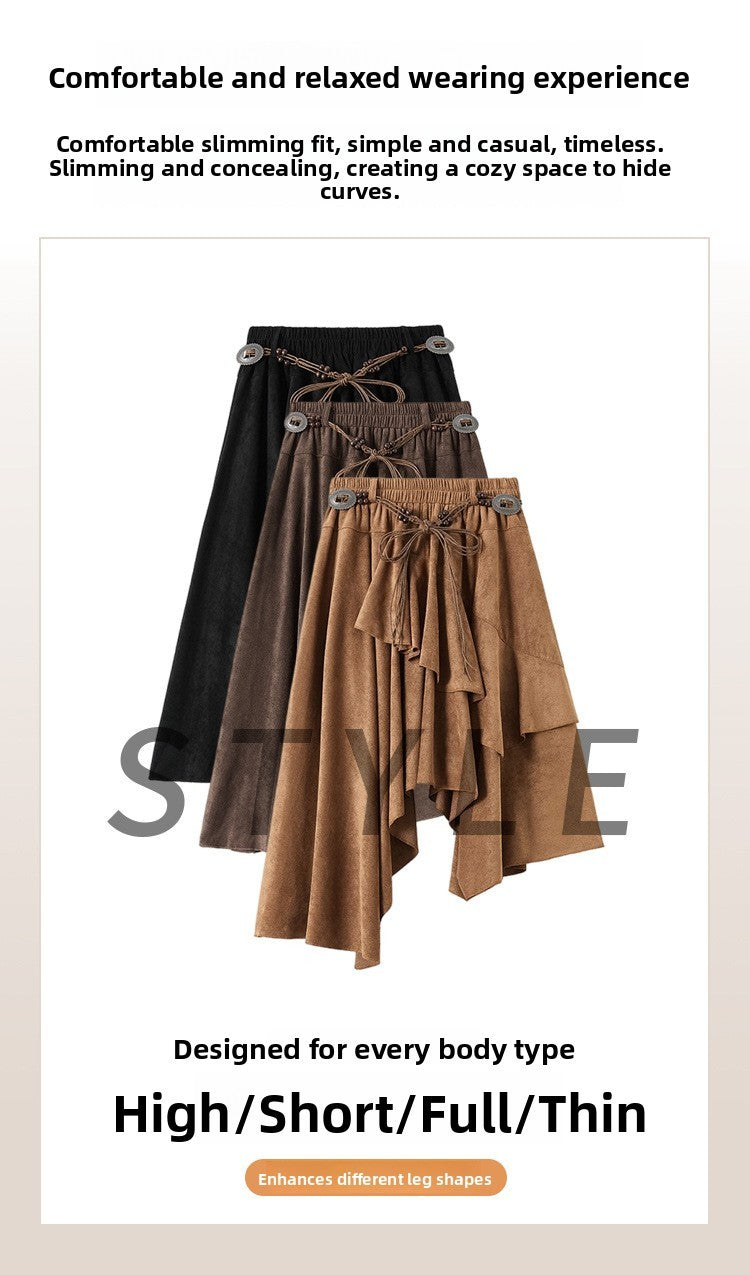 Caramel Suede Half-length Skirt Women's Autumn Winter New Irregular Belt Slim A- Line Midi Umbrella Skirt Comfortable Casual S .