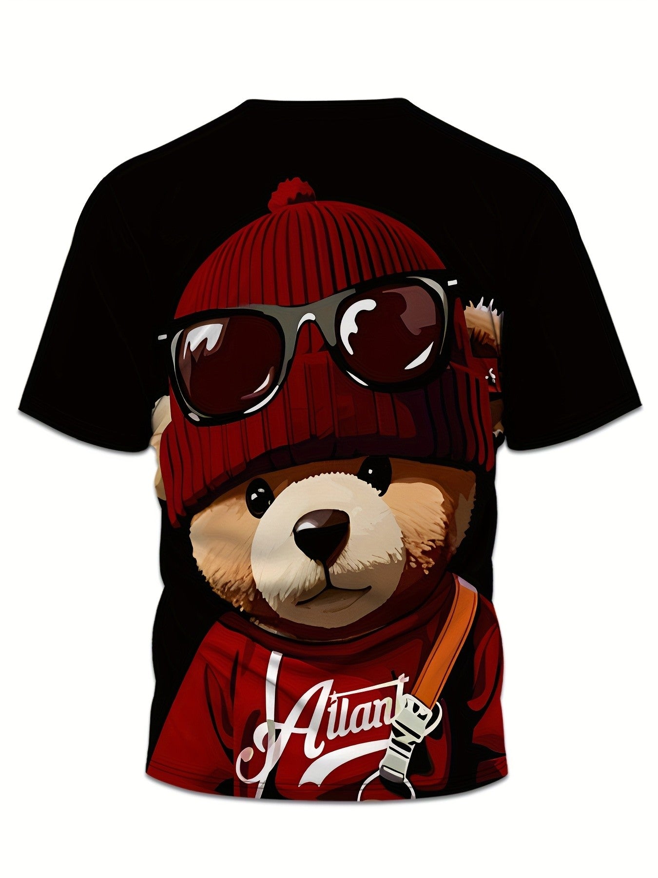 The 2025 summer new men's suit features a retro Teddy bear printed round-neck T-shirt and shorts, knitted polyester men's wear