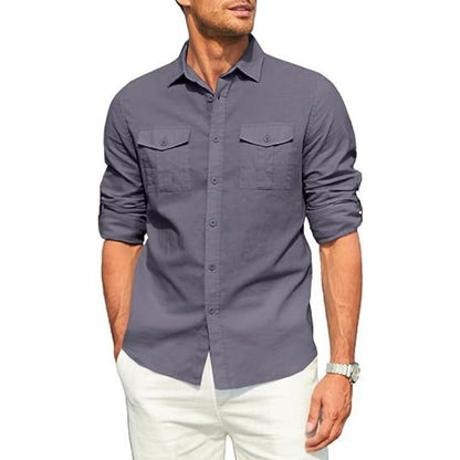 Business Men's Single-breasted Shirt Double Pocket Cotton Linen Long-sleeved Shirt Casual Vacation Shirt