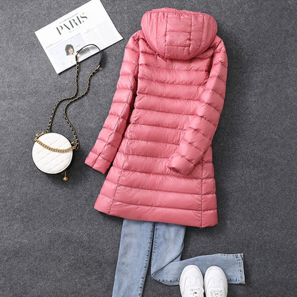 Women's X-long Office Lady Hat Detachable Puffer Jackets 2025 New Arrival Autumn Winter White Duck Down Warm Coat