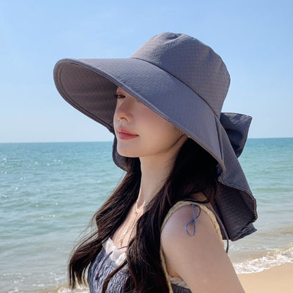 New Neck Protection Shawl Beach Cap Breathable Wide Brim Bucket Hat Bow Anti-UV Fisherman Hat Women