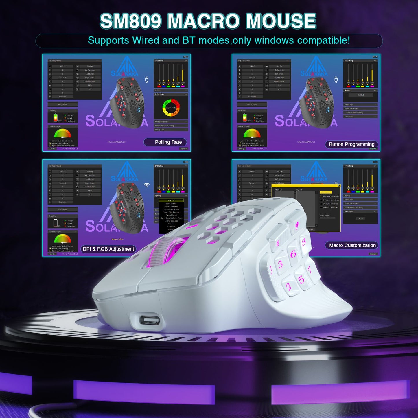 Mouse Gamer Sem Fio SOLAKAKA SM809 Pro MMO PAW3311 16 Botões Laterais 24000 DPI RGB Colmeia Macro Programável Mouse sem fio