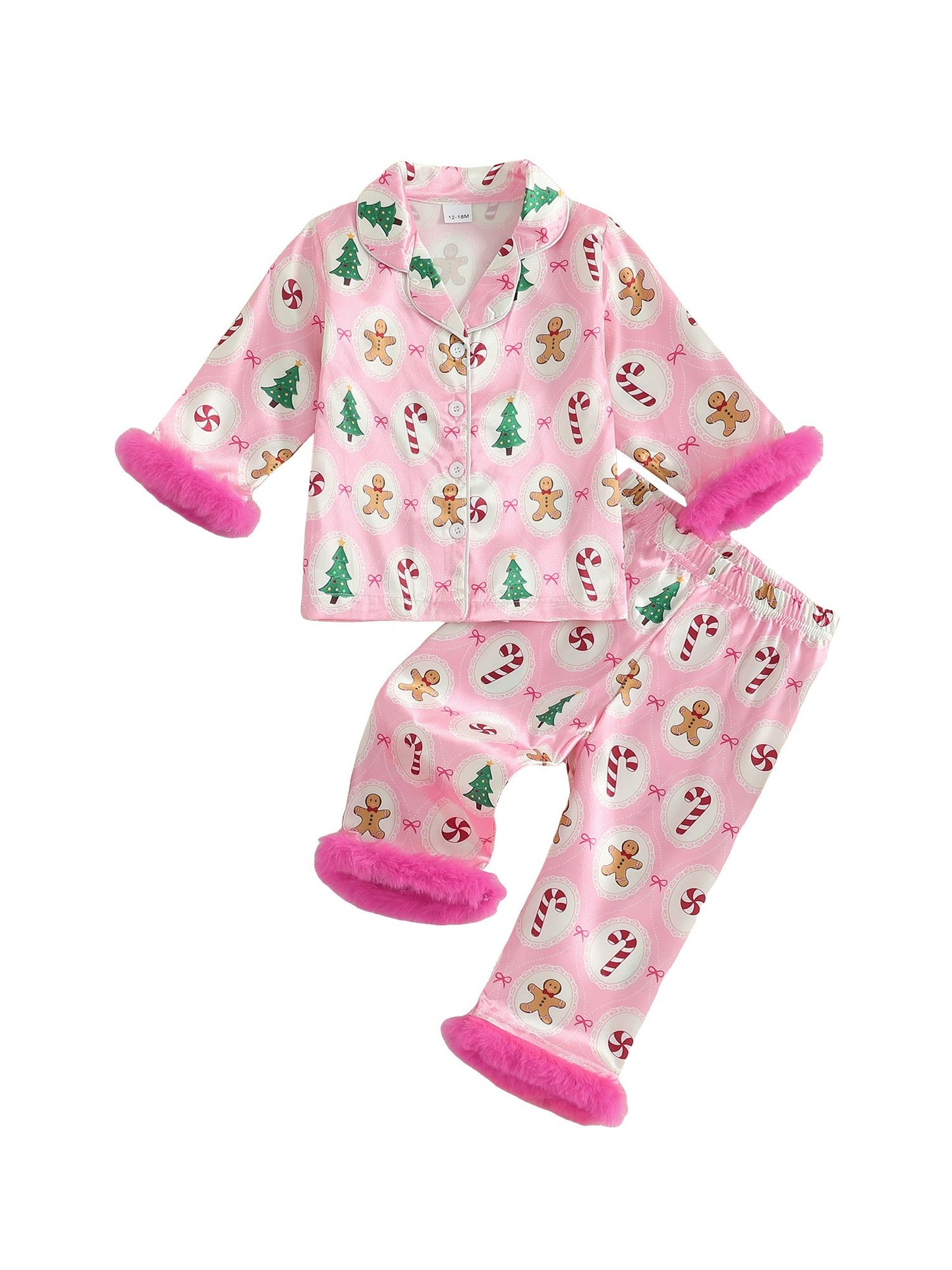 Girls Christmas Satin Pajama Set with Reindeer Print Lapel Long Sleeve Button Down Top and Matching Pants Sleepwear
