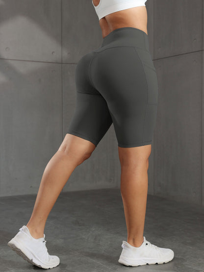 CHRLEISURE Women Solid Yoga Shorts with 3 Pockets High Waist Butt Lifting Workout Tights Gym Elastic Cycling Shorts Activewear
