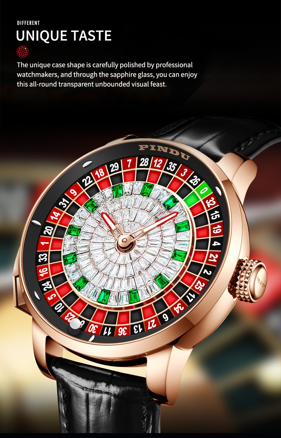 PINDU New Watches European Button Roulette Fun Game Sapphire Glass NH35A Mechanical Watch Diamond Dial Leather Men's Watch P6628