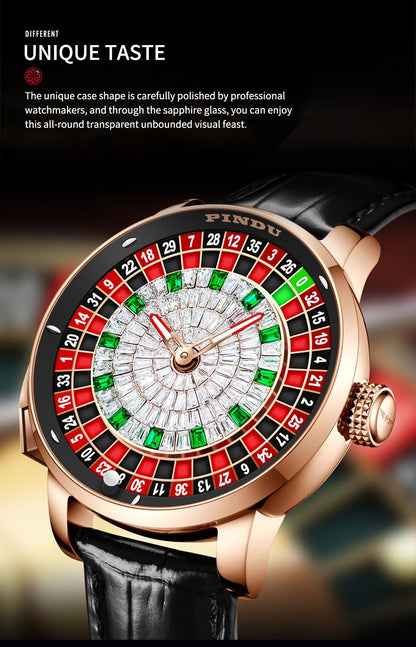 PINDU New Watches European Button Roulette Fun Game Sapphire Glass NH35A Mechanical Watch Diamond Dial Leather Men's Watch P6628