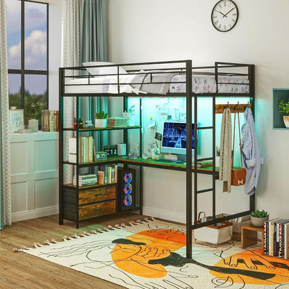 Metal Loft Bed Twin Size with L-Shaped Desk, LED Lights, Charging Station,Twin Loft Bed Frame with Drawers,Guardrail, Noise Free