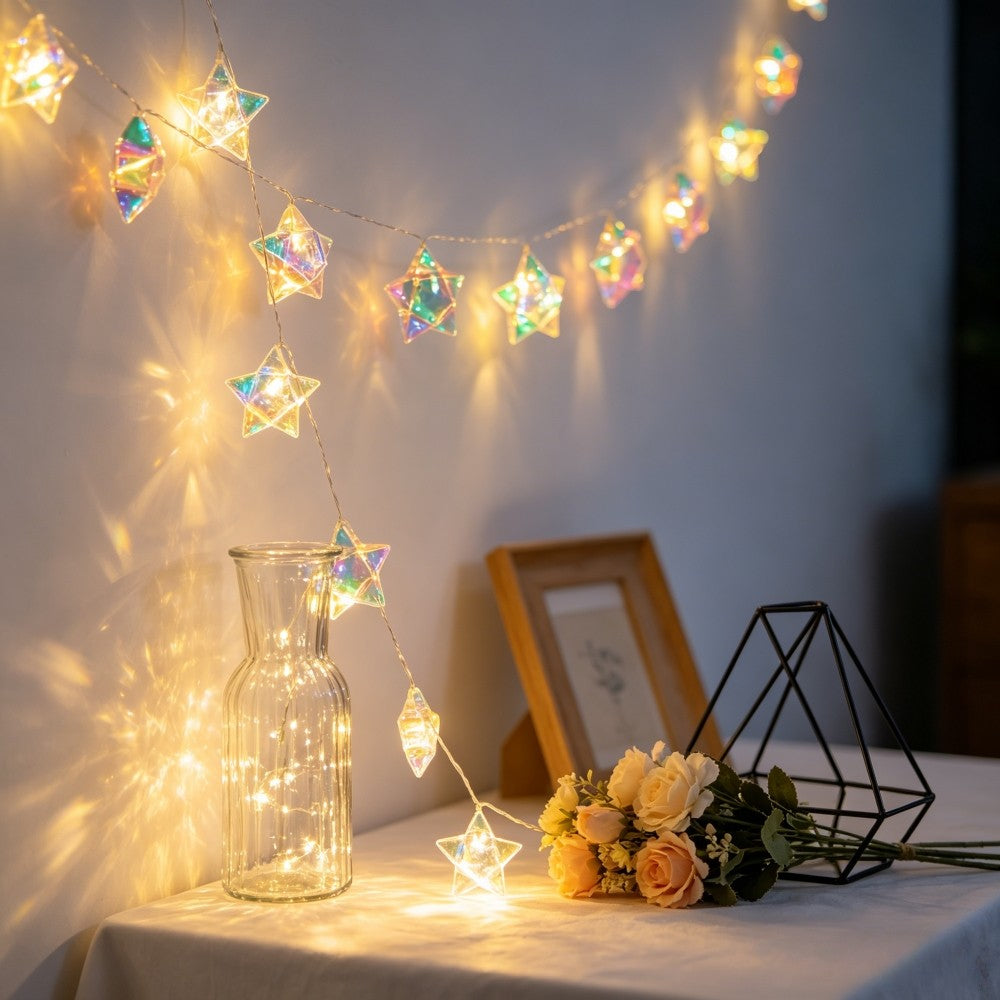 Iridescent 3D Prism Star LED String Lights, Battery Powered Fairy Lights for Indoor Bedroom, Wedding, Window & Home Party Decor