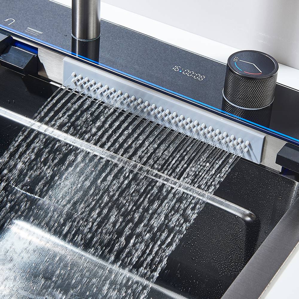304 Stainless Steel Waterfall Kitchen Sink Large Single Slot Integrated Digital Display Faucet Set Soap Dispenser 75*45cm