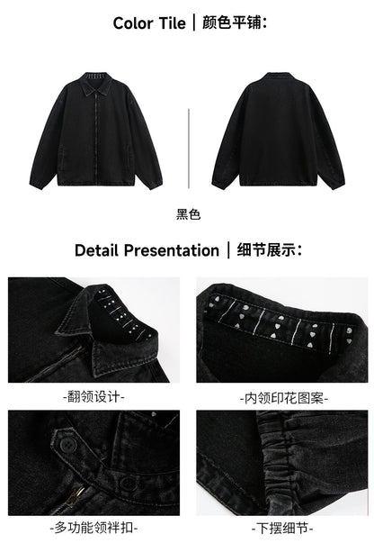 Men's Autumn New Washed Vintage Cargo Denim Jacket with Printed Collar - Trendy Retro Style