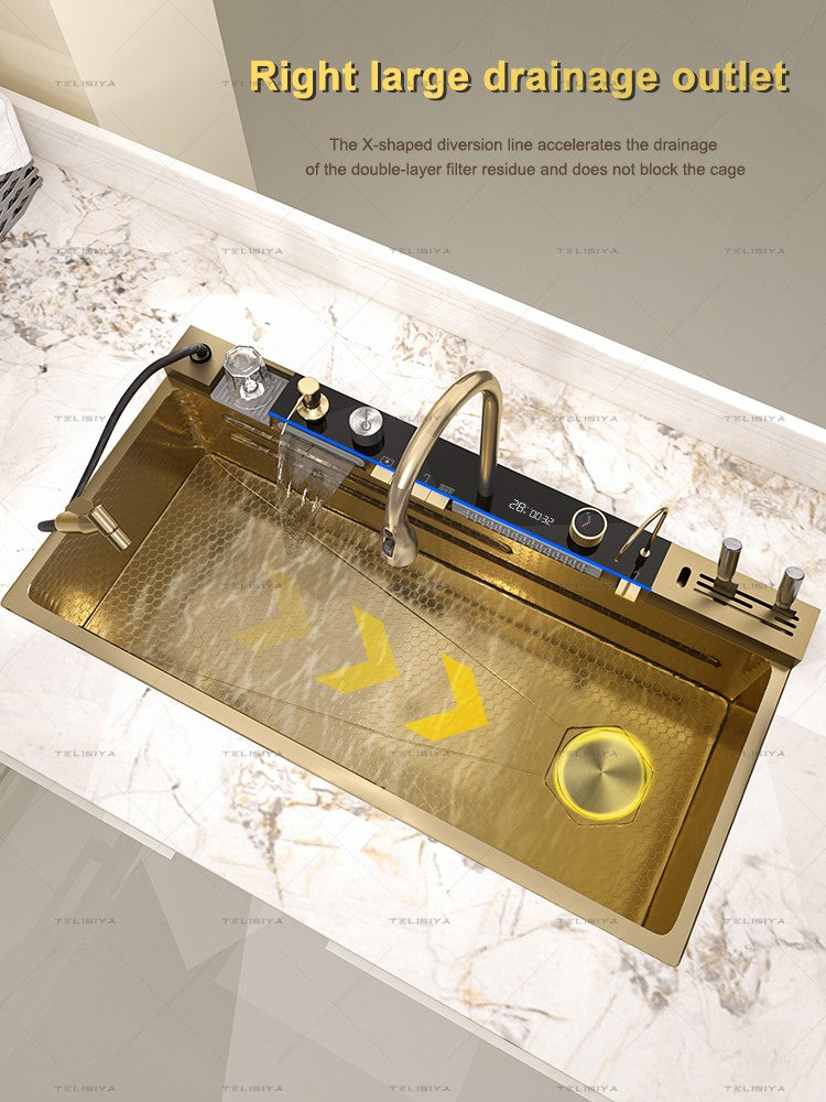 Stainless Steel Golden Kitchen Sink Multifunctional Waterfall Outlet Single Slot Piano Button Digital Display