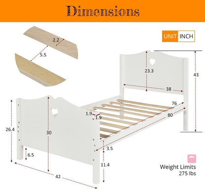 Estrutura de Cama de Solteiro de Madeira Maciça para Meninas, Estrutura de Cama Plataforma Princesa de Solteiro Branca, com Cabeceira/Peseira/Suporte de Sarrafos de Madeira, Não