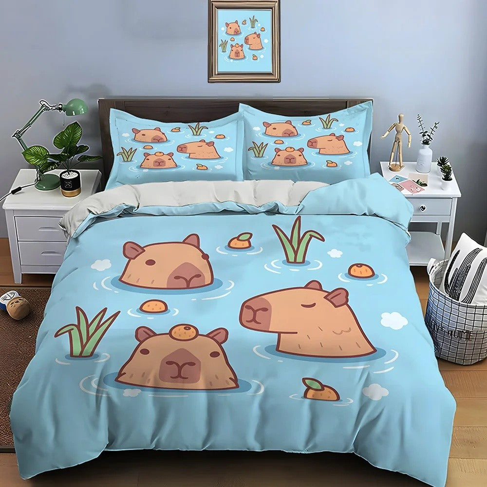 Cute Cartoon Capybara Print Bedding Set Duvet Cover 1 Duvet Cover 2 Pillowcases Adult and Children Bedding Set Christmas Gifts
