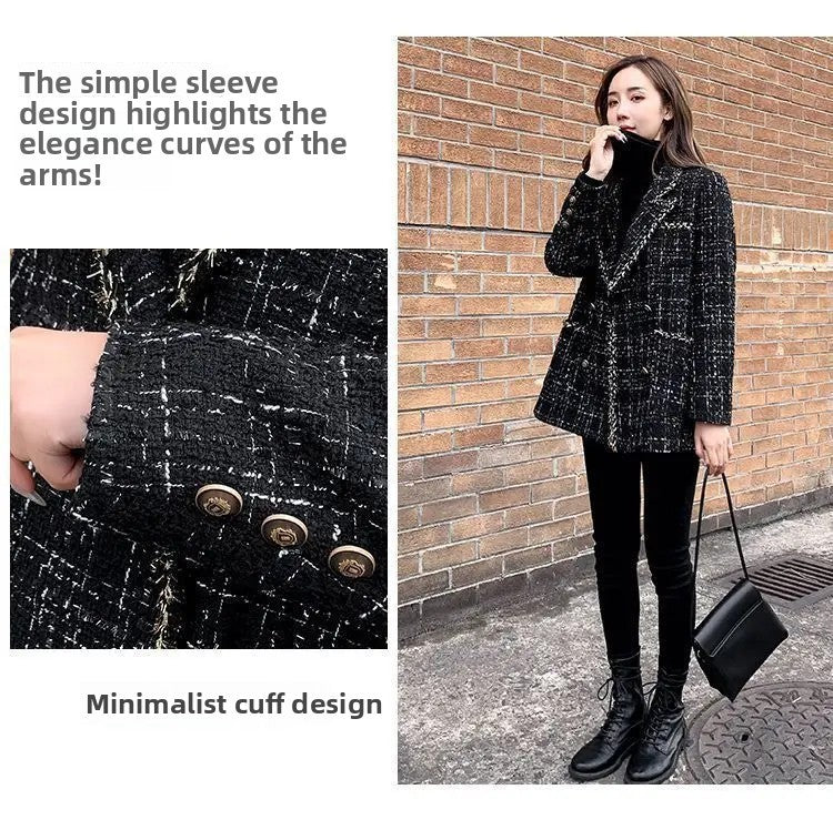 Thickened Cotton Tweed Coat for Women Spring Loose Plaid Outerwear Cozy Style Large Size Patchwork Small Suiting