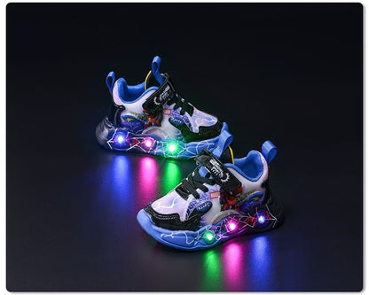 Boys Spiderman Sneakers Disney LED Children's Sport Shoes Fashion Anti-slip Kids Outdoor Shoes Student Design Pu Leather Shoes