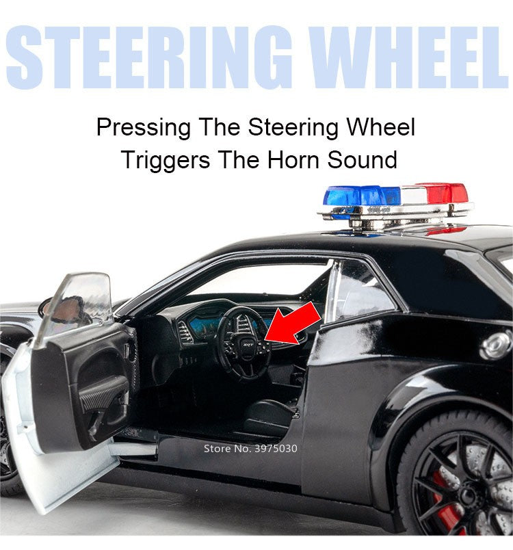 1:24 Dodge Challenger SRT Hellcat Modelo de Carro de Polícia de Brinquedo Pneu de Borracha Carro em Miniatura Puxar para Trás Luz Música Veículo Meninos Adultos Presentes