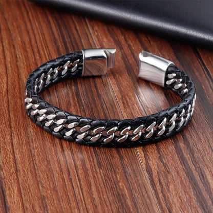 Pulseira de Couro Masculina, Formato Infinito, Padrão Popular, Joias de Aço Inoxidável, Acessórios, Presente