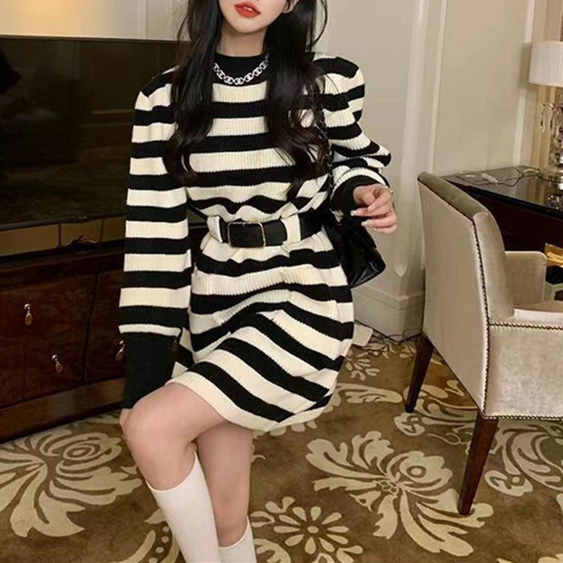 Autumn Winter Striped Knitted Dress Women Korean Fashion Double Pockets Short Dresses Ladies Casual Loose Long Sleeve Knit Dress