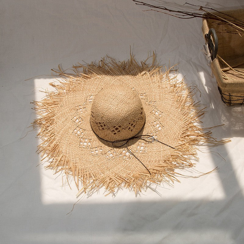 Straw hat women summer Large eaves beach vacation photo sunscreen straw hat personality European style foldable beach hat