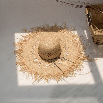 Straw hat women summer Large eaves beach vacation photo sunscreen straw hat personality European style foldable beach hat