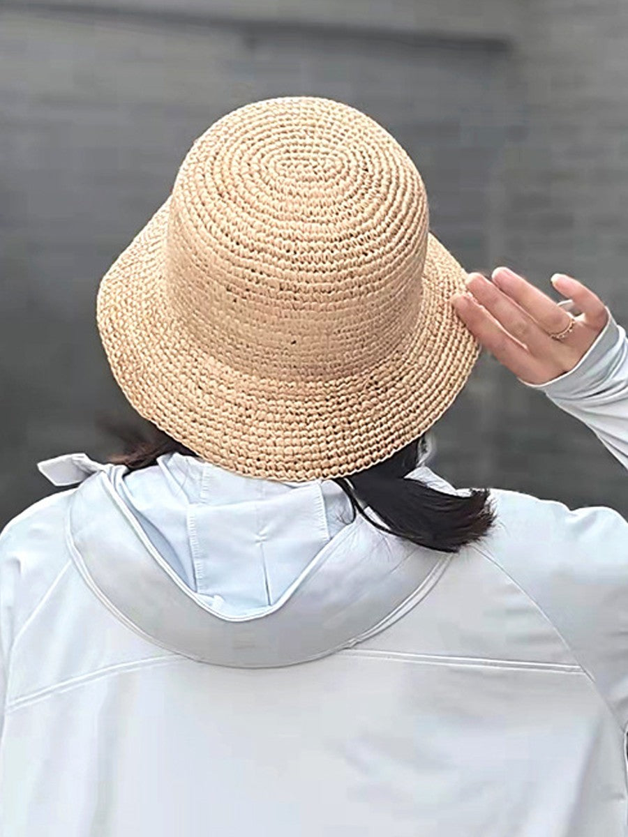 Chapéu de Balde de Crochê Feminino Feito à Mão de Palha de Ráfia Natural para Primavera Verão Praia Aba Larga Pescador