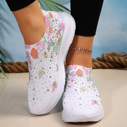 Floral Crystal Decor Slip On Sneakers Women Plus Size 35-43 Breathable Mesh Sports Shoes Woman Comfortable Soft Sole Flats Shoes