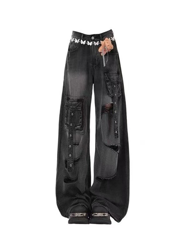 Y2K Red Gothic Hip-Hop Hole Vintage Jeans Girl High Street Trend American Baggy Wash Overall Belt Splicing Woman Wide-leg Pants