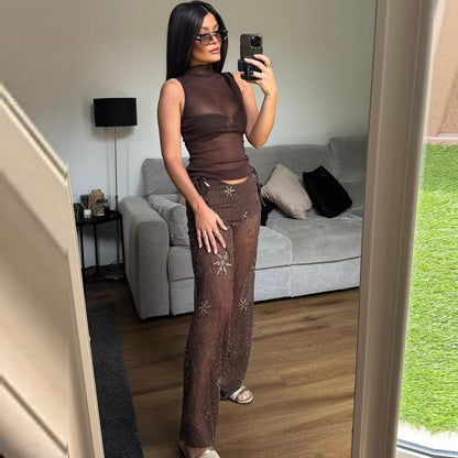 HXAO Women's Pants 2025 Beaded Tulle Pants For Woman Baggy Sequin New In Pants Spring Summer Semi Sheer Women's Trousers 088