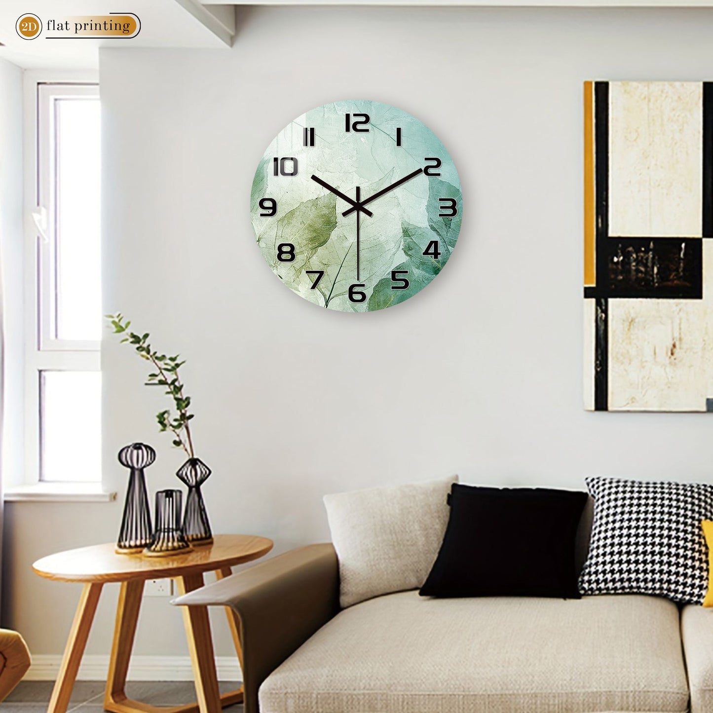 Fresh Green Leaf Print Wall Clock - Minimalist Botanical Pattern, Noiseless Sweeping Mechanism, Kitchen/Bathroom Decorative Time