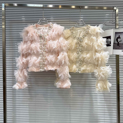 2025 Autumn New French Pearl Lace Layered Mesh Jacket Top