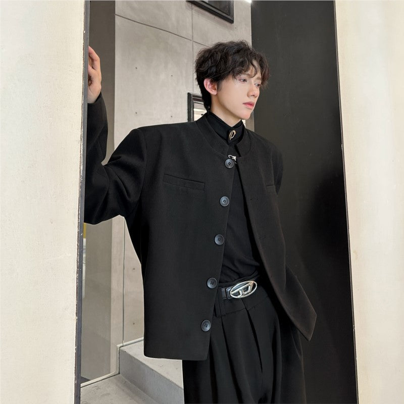 Wine Red Blazers Men Suit Jackets Casual Stand Collar Solid Color Male Short Coats Korean Trendy Men's Clothing Autumn New