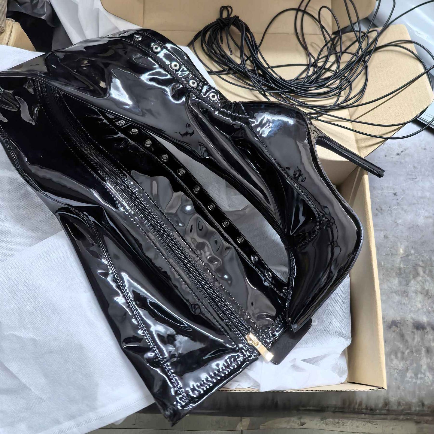 13CM Thin Heel Black Lace-up Over the knee Boots Woman Fetish Pointy Toe Boots Elastic Leather Thigh High Sexy Women Party Shoes