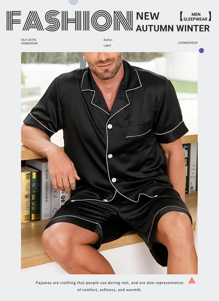 Men Satin Pajama Set Sleepwear for Man Summer Short Sleeve Button-Down Shirt & Shorts Pajamas 2 Piece Home Clothes Short Suit