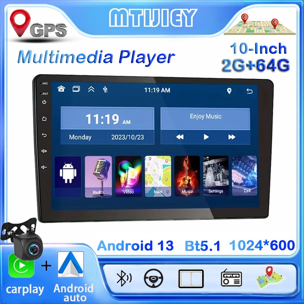 MTIJIEY 2+64G 10“ Android13 Rádio Automotivo Multimídia Vídeo Universal Estéreo Carplay gps Para Volkswagen Nissan Hyundai Kia toyota