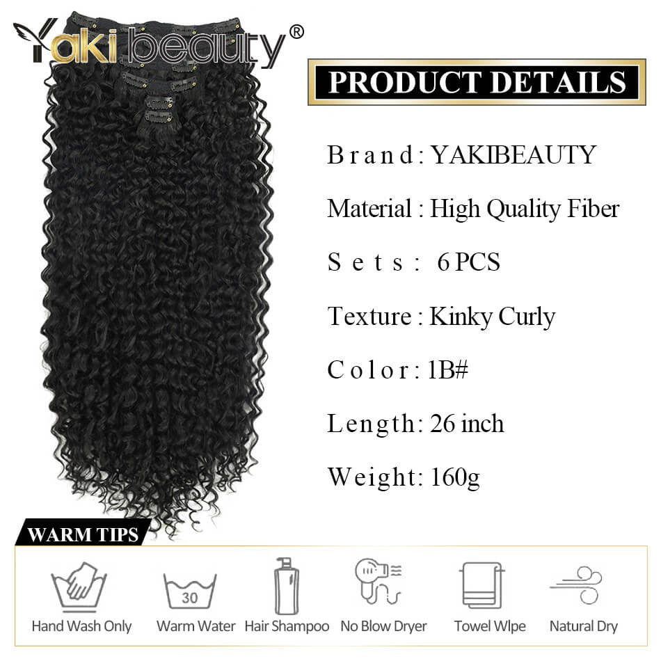 Extensões de Cabelo Sintético Jerry Cacheado 26'' Dupla Trama 6 Peças/Conjunto Clip-In Cabeça Cheia Orgânico Seda Gelo Aplique Preto/Marrom 160g