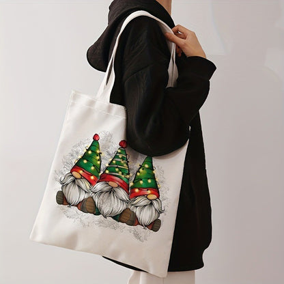 Christmas Gnome and Tree Pattern Tote Bag Casual Shoulder Shopping Bag Reusable Fashion Multi-functional Handbag Holiday Gift