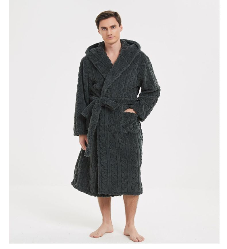 New American Cotton Velvet Jacquard Hooded Men's Dressing Gown with Fleece Thickened Autumn and Winter Couple Dressing Gown
