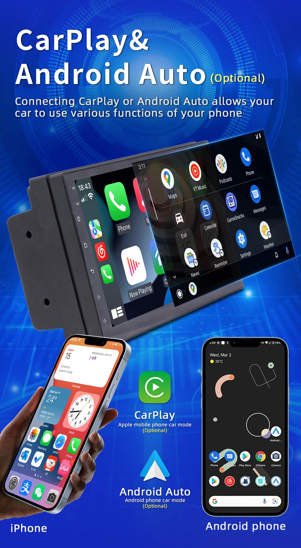 BQCC 7" Quad Core RAM ROM 2GB 32GB Android 13 ASP 16EQ WIFI GPS Navegação Rádio Automotivo Mirrorlink Carplay Car Palyer Para Universal