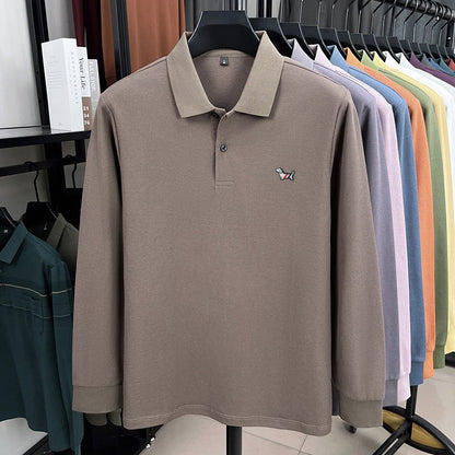 100% pure cotton spring and autumn fashionable men's collar striped long sleeved polo shirt with micro seal dog embossed design