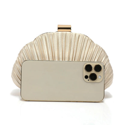 Shell Design Ruched Women Evening Bags Apricot Color Glitter Satin Luxury Party Dress Clutch Bags With Shoulder Chain Messenger