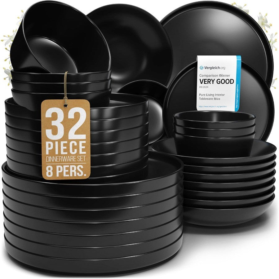 Matte black stoneware dinnerware set for 8 persons with 32 pieces Ideal for everyday dining and special occasions Includes plat
