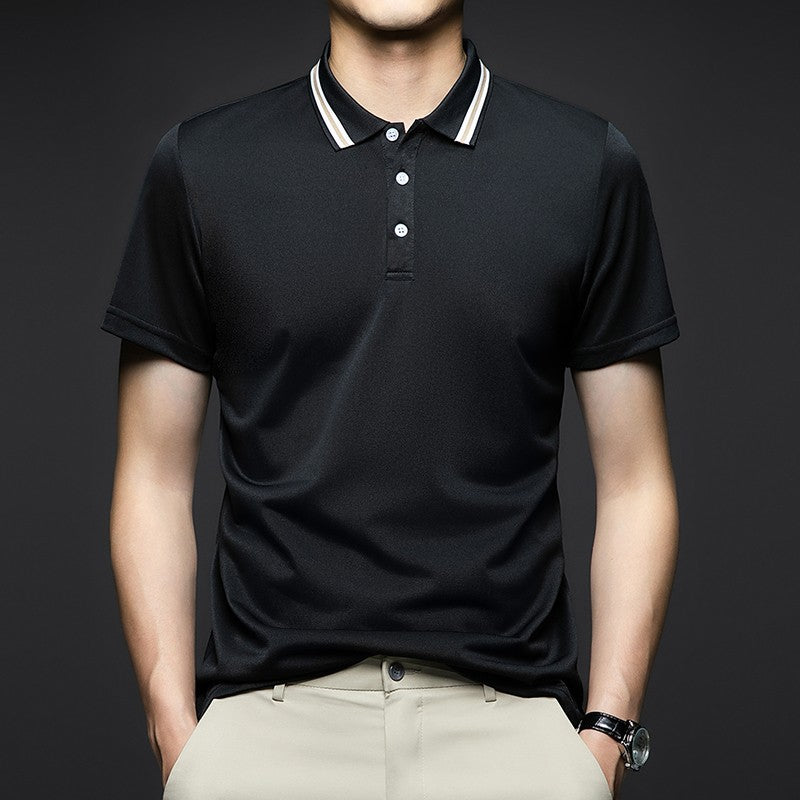 Men's Fashion Solid Short Sleeved Striped Lapel Polo Shirt Summer Breathable Comfortable Top