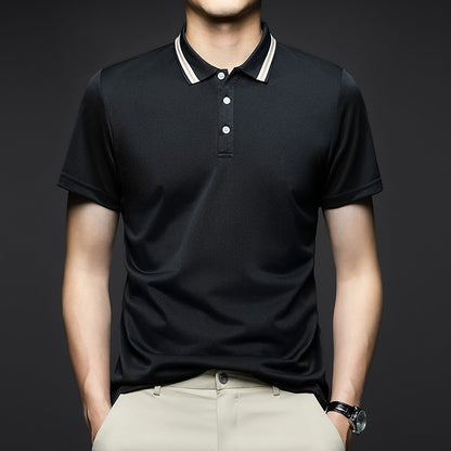 Men's Fashion Solid Short Sleeved Striped Lapel Polo Shirt Summer Breathable Comfortable Top