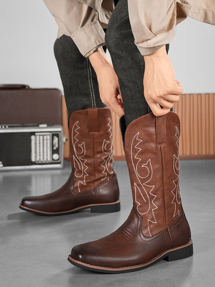 Men's Creative Pattern Embroidered Vintage Lace-Up Boots Wide-Toe Men's Cowboy Boots High-Top Riding Boots Extra Large Sizes