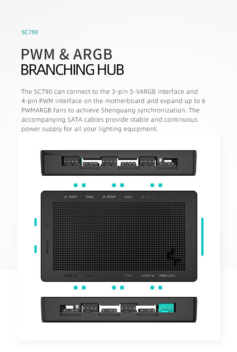 DeepCool Fan HUB PWM 5V 3pin ARGB Magnetic Attraction Fan HUB Splitter SATA Power Control Connect Motherboard