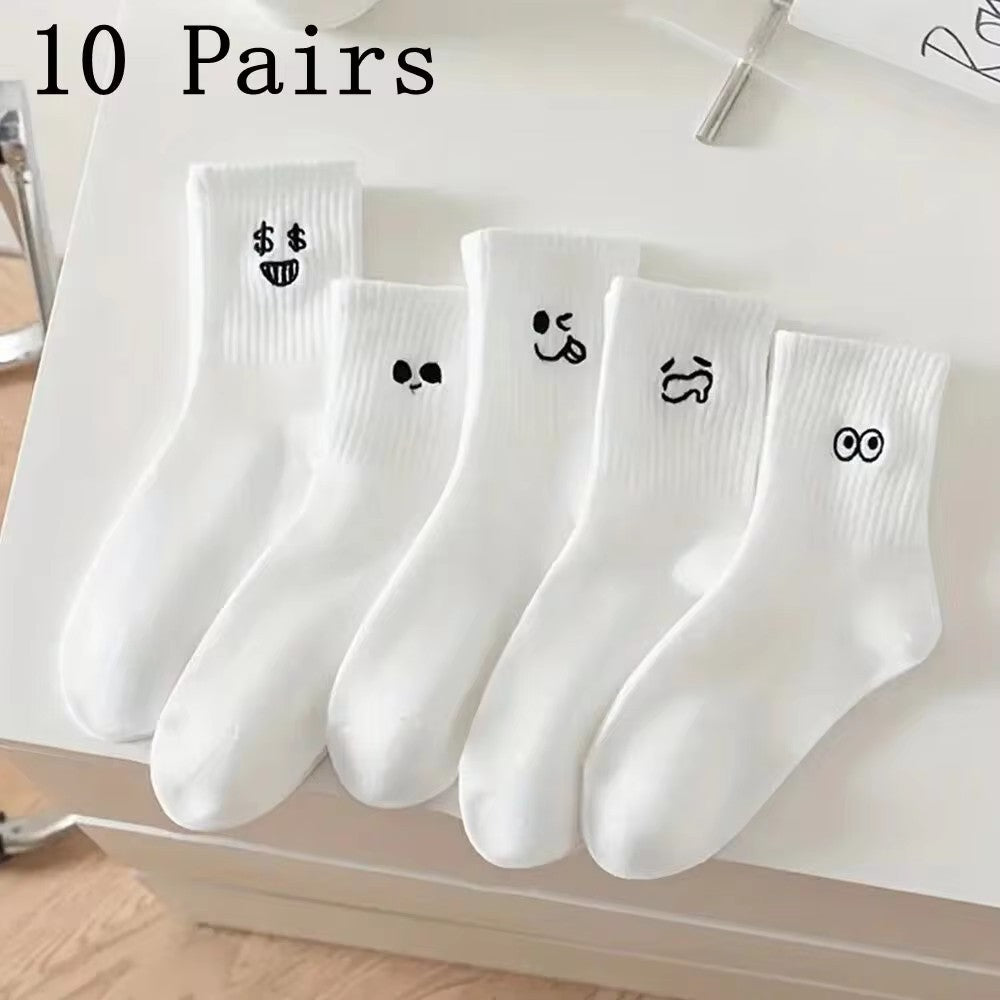 5/10/20 Pairs Men White Cartoon Socks Trendy Versatile Expression Socks With Simple Soft Breathable Comfortable Casual Socks