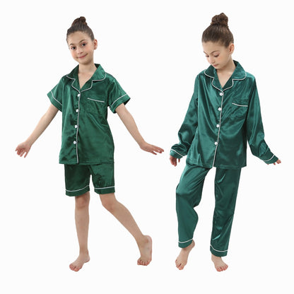 2 to 14 Years Boys Girls Pajamas Sets Kids Silk Satin Top Pant Long/Short Sleeve Solid Pyjamas Suits Nightgown Child Sleepwear